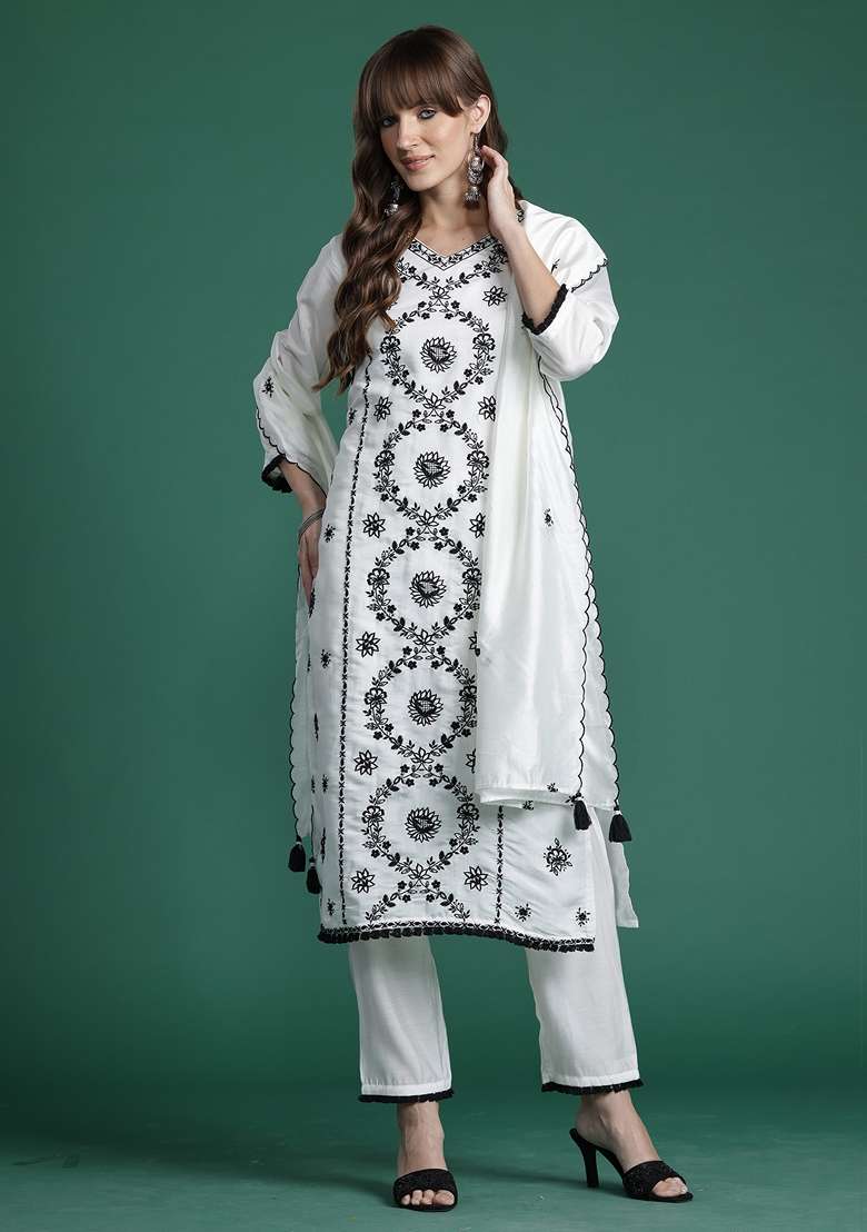 White Embroidered Silk Kurta Set - Indya