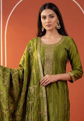 Green Embroidered Silk Kurta Set