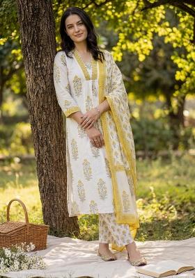 White Printed Cotton Kurta Set