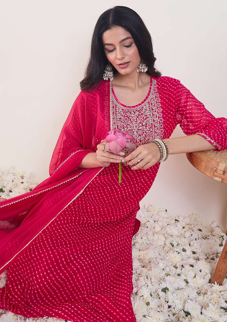 Pink Embroidered Georgette Kurta Set - Indya