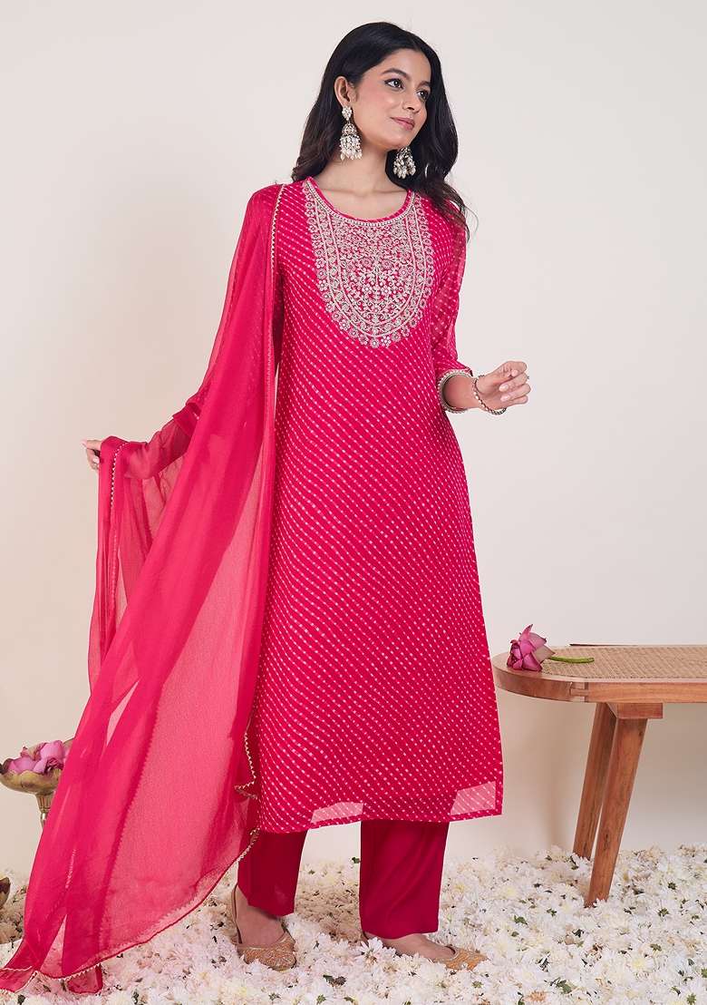 Pink Embroidered Georgette Kurta Set - Indya