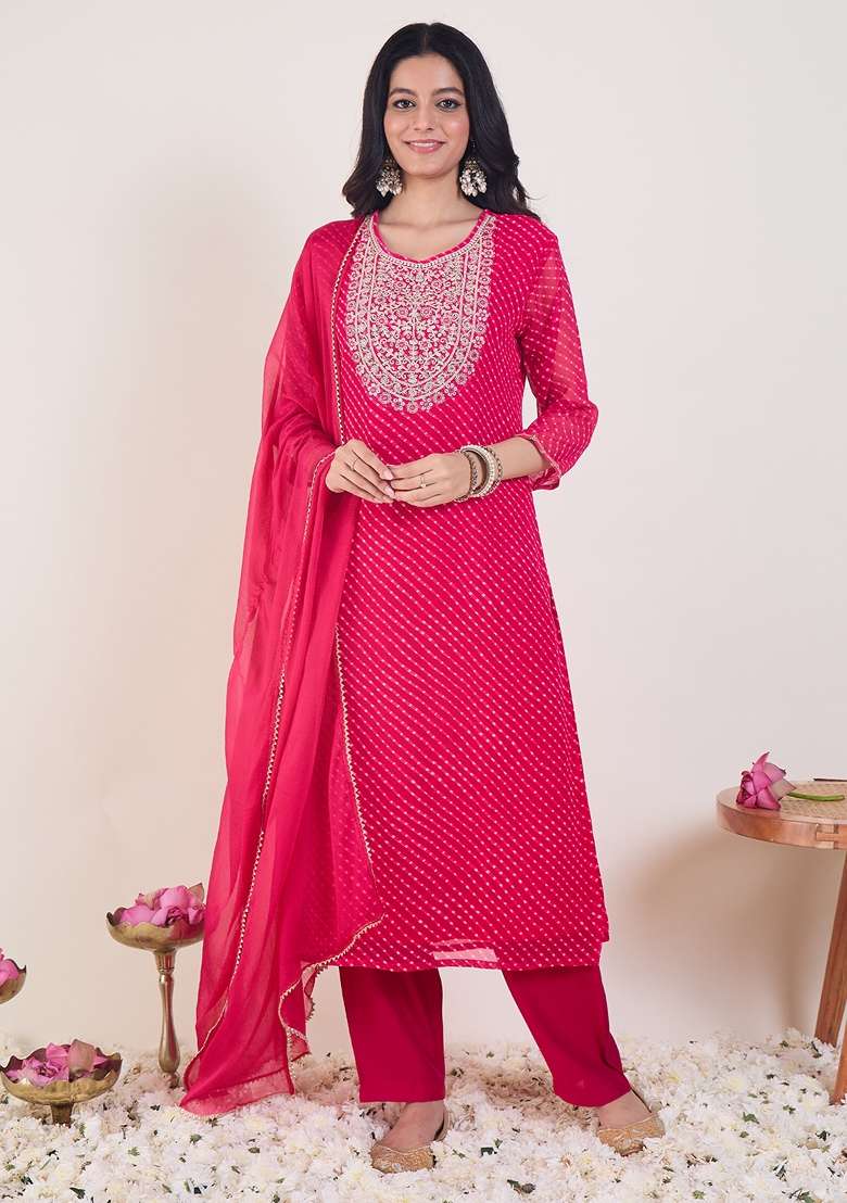 Pink Embroidered Georgette Kurta Set - Indya