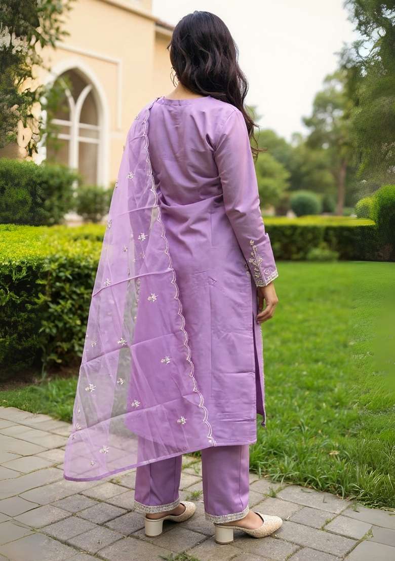 Lavender Embroidered Silk Kurta Set - Indya