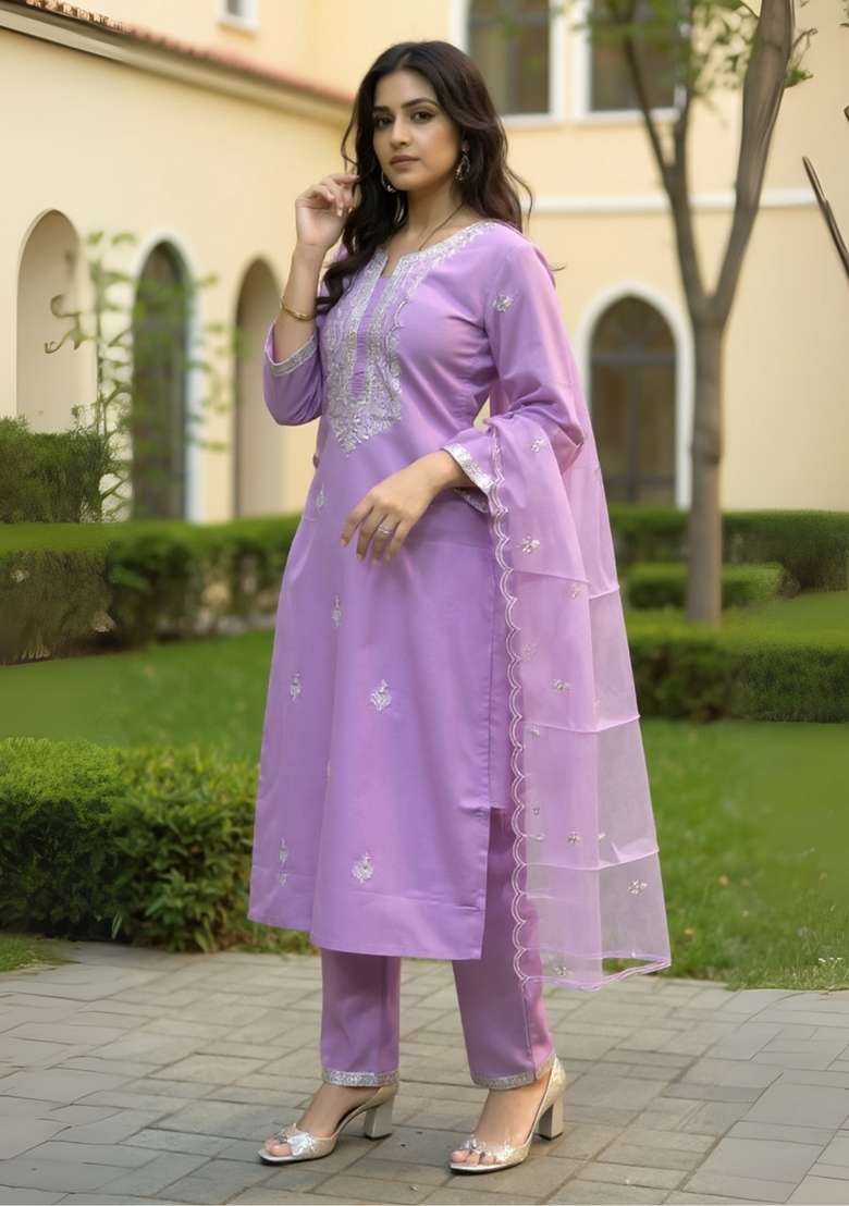 Lavender Embroidered Silk Kurta Set - Indya