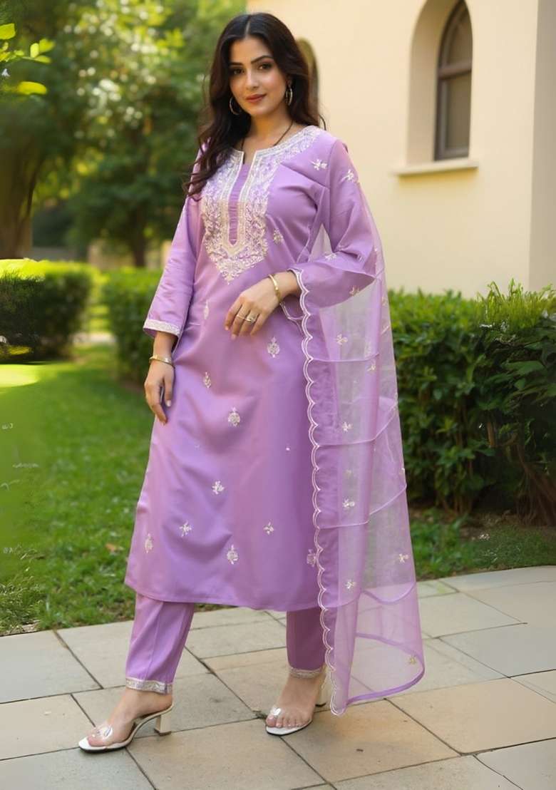 Lavender Embroidered Silk Kurta Set - Indya