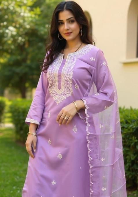 Lavender Embroidered Silk Kurta Set