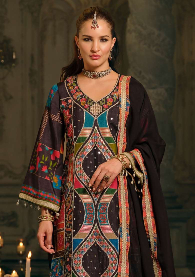 Multicolor Printed Silk Kurta Set - Indya