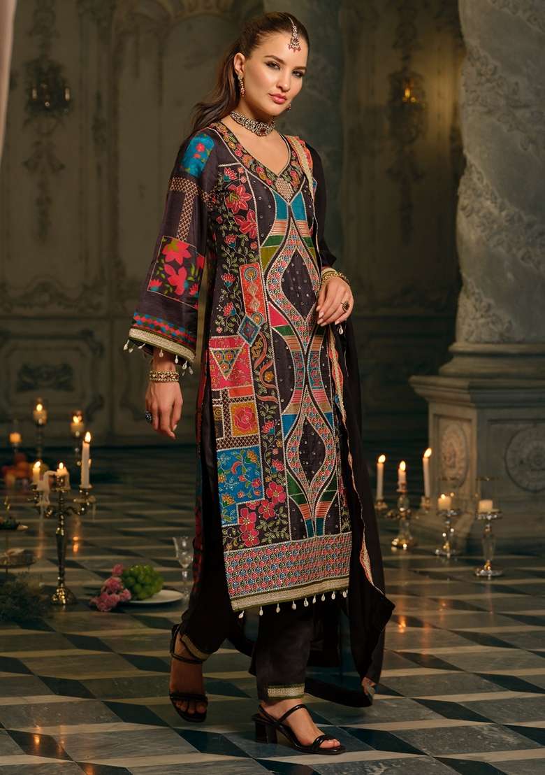 Multicolor Printed Silk Kurta Set - Indya