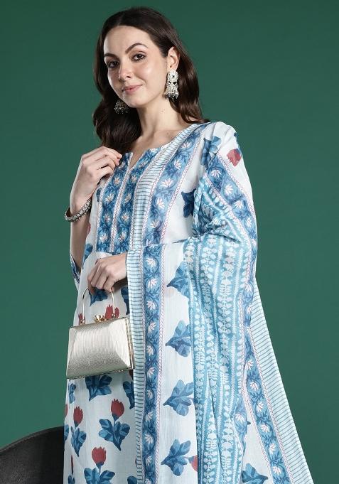 White Printed Cotton Kurta Set