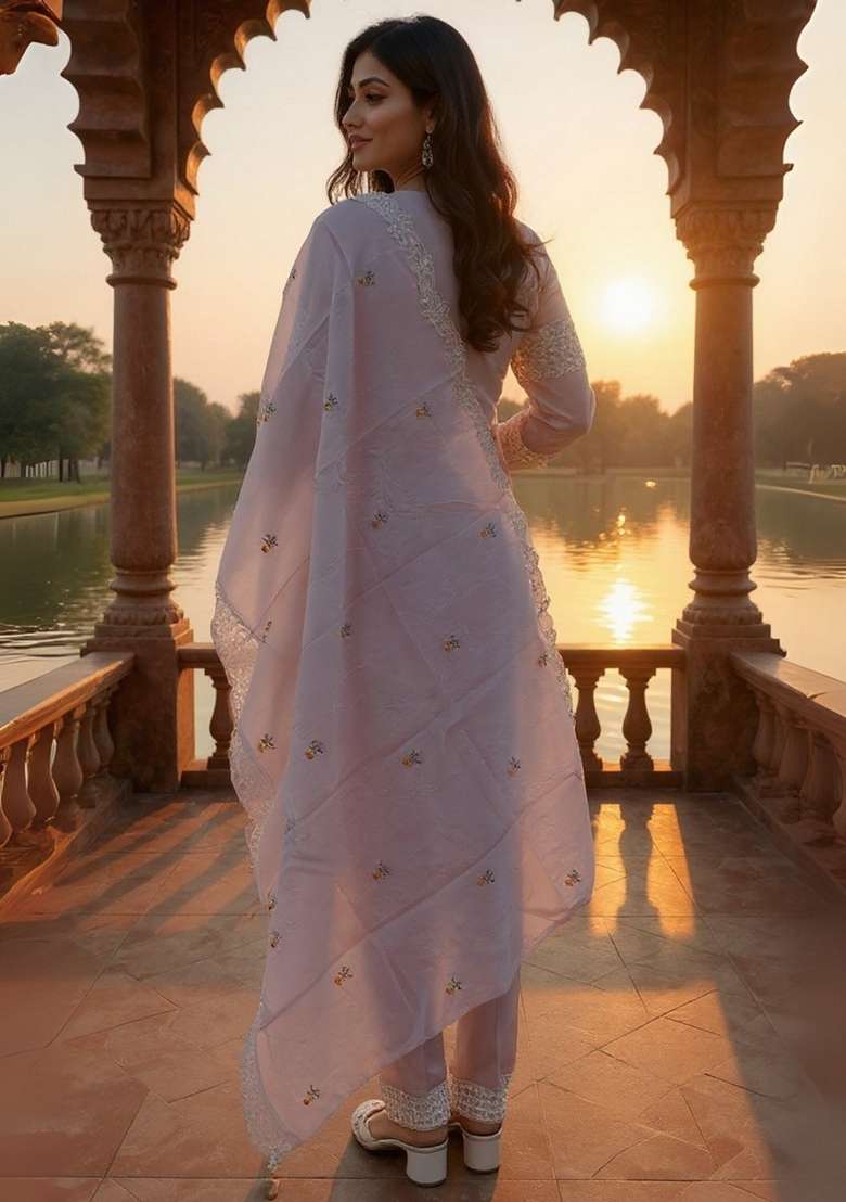 Lavender Embroidered Cotton Kurta Set - Indya