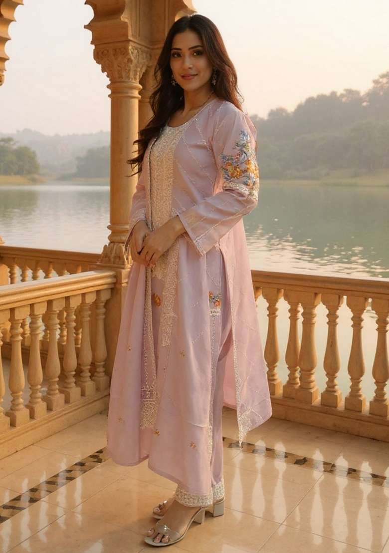 Lavender Embroidered Cotton Kurta Set - Indya