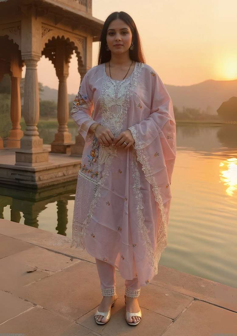 Lavender Embroidered Cotton Kurta Set - Indya