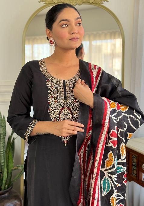 Black Embroidered Silk Kurta Set