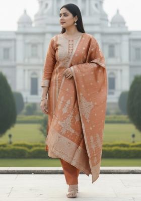 Rust Woven Design Silk Kurta Set