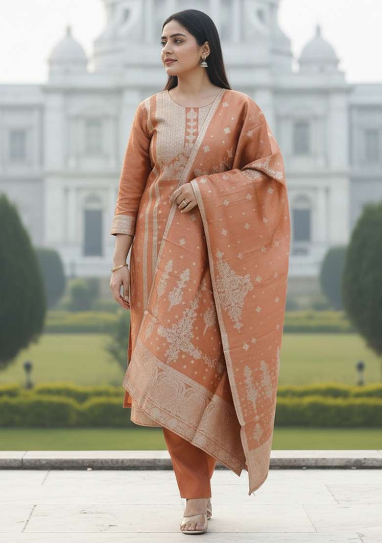 Rust Woven Design Silk Kurta Set - Indya