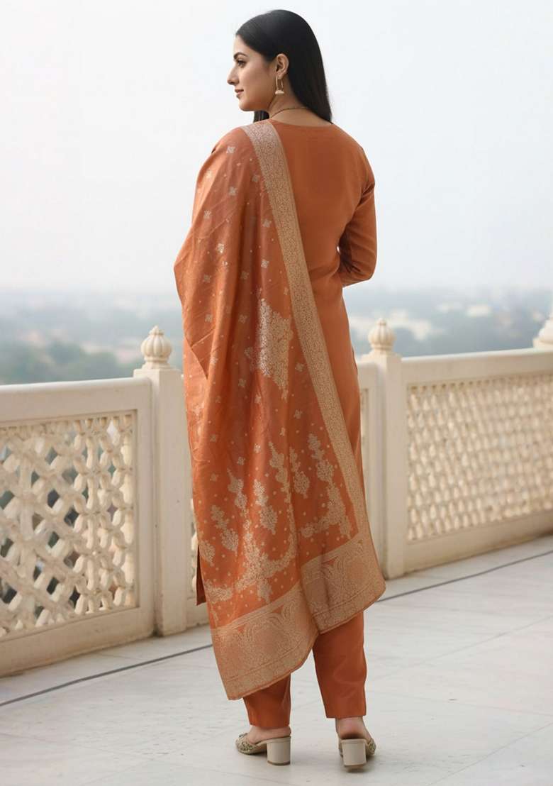 Rust Woven Design Silk Kurta Set - Indya