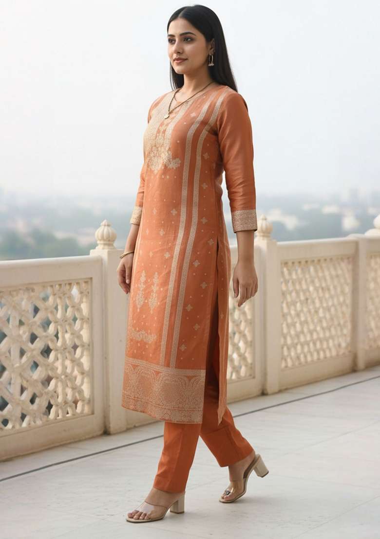 Rust Woven Design Silk Kurta Set - Indya