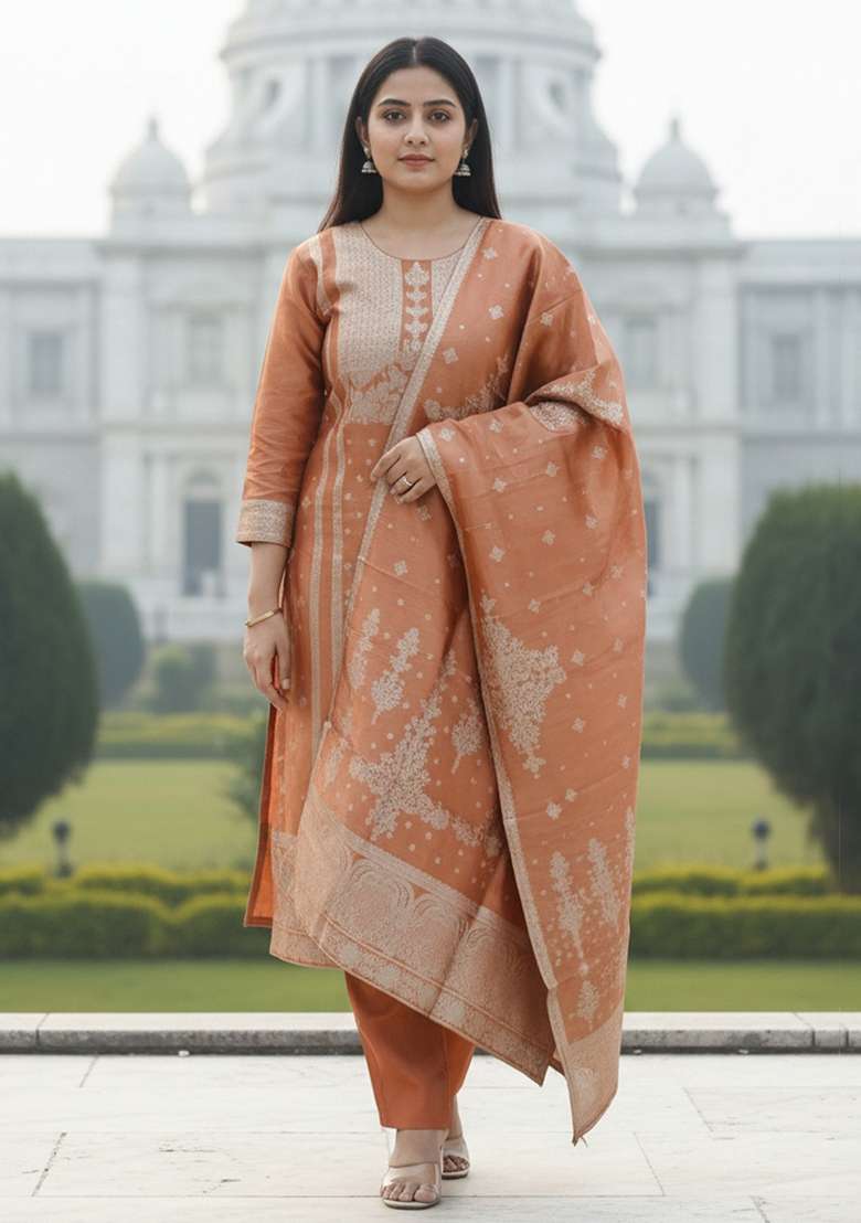 Rust Woven Design Silk Kurta Set - Indya