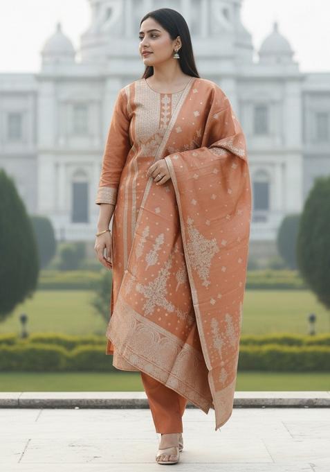 Rust Woven Design Silk Kurta Set