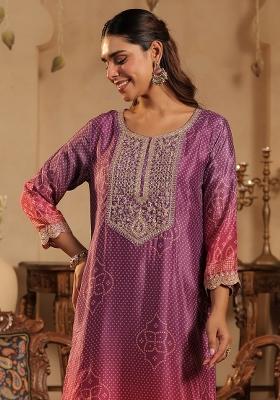 Pink Printed Silk Kurta Set