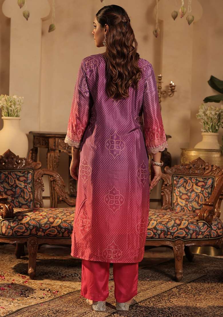 Pink Printed Silk Kurta Set - Indya