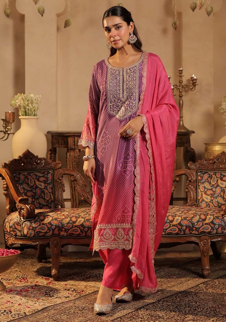 Pink Printed Silk Kurta Set - Indya