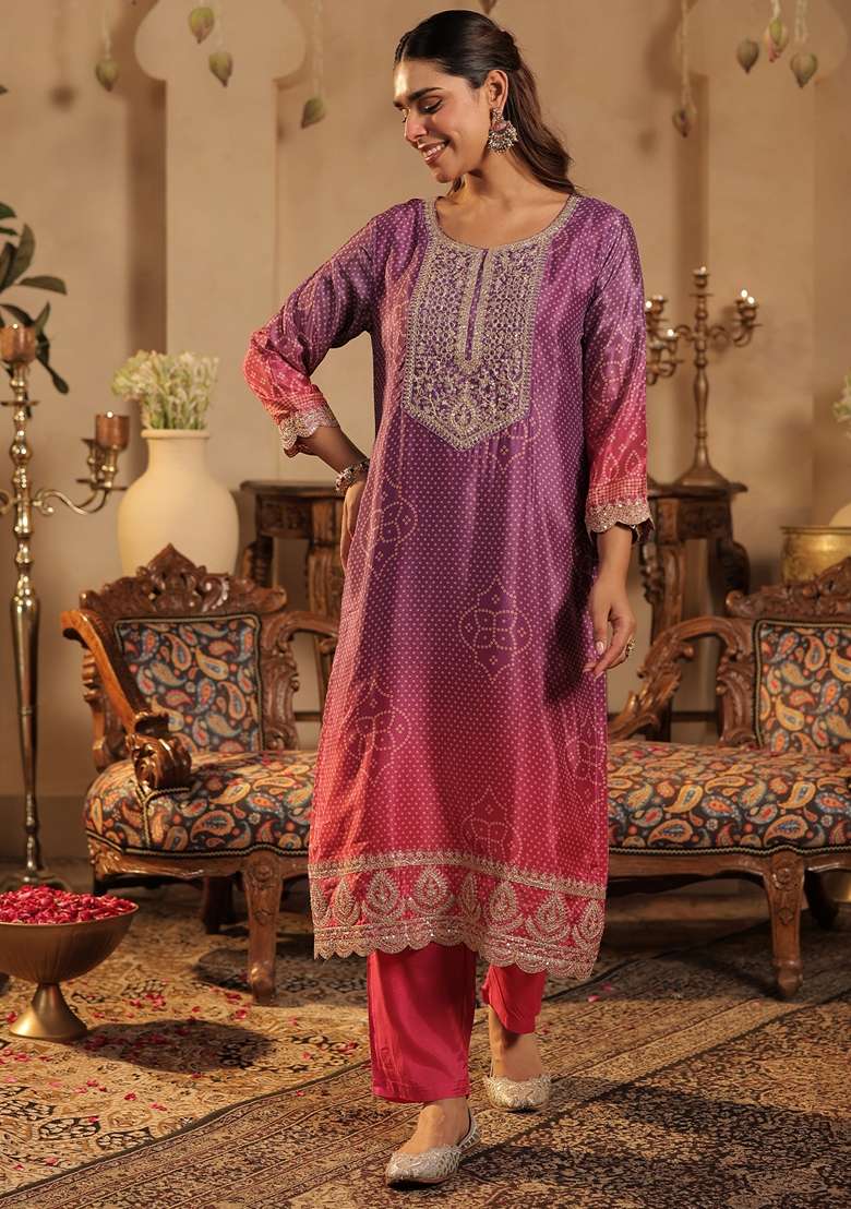 Pink Printed Silk Kurta Set - Indya