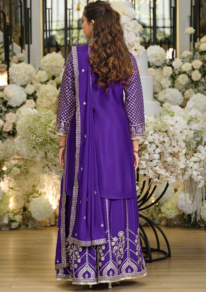 Purple Embroidered Silk Kurta Set - Indya