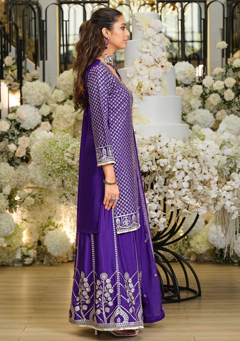 Purple Embroidered Silk Kurta Set - Indya