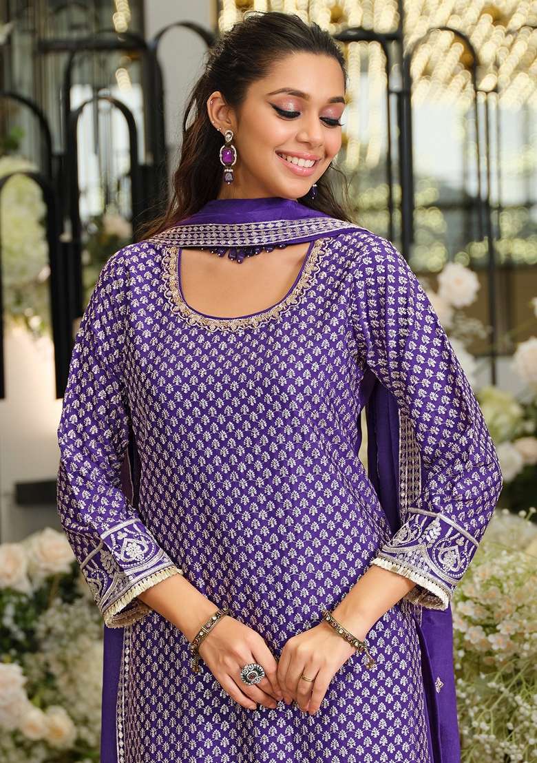Purple Embroidered Silk Kurta Set - Indya