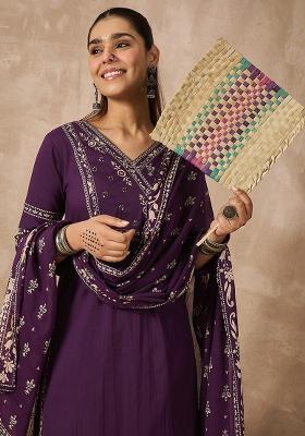 Purple Printed Cotton Kurta Set