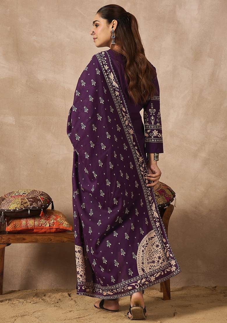 Purple Printed Cotton Kurta Set - Indya