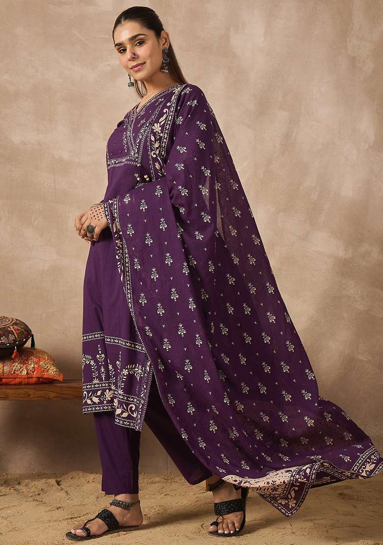 Purple Printed Cotton Kurta Set - Indya