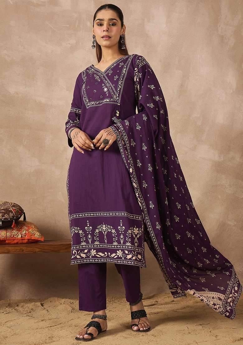Purple Printed Cotton Kurta Set - Indya