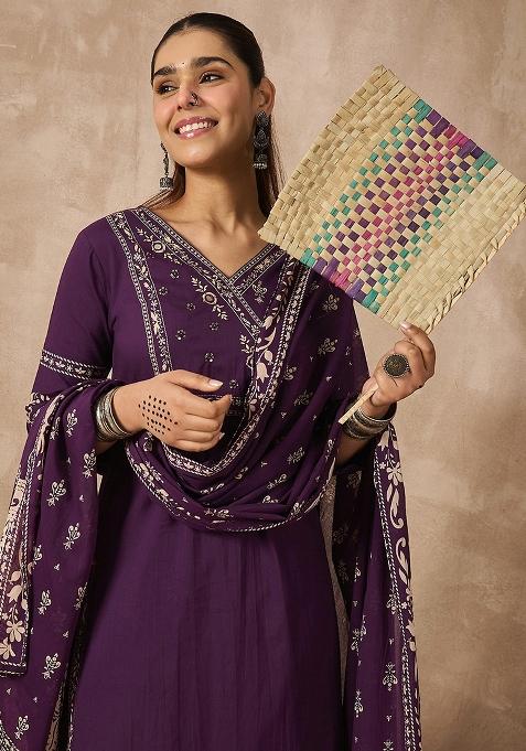 Purple Printed Cotton Kurta Set