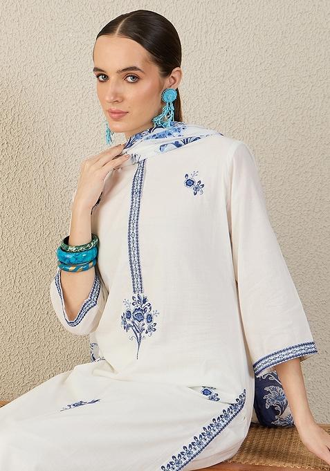 White Embroidered Cotton Kurta Set