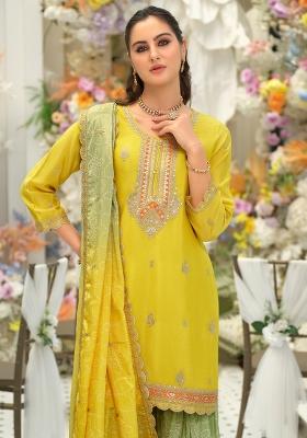 Yellow Embroidered Silk Kurta Set