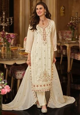Cream Embroidered Silk Kurta Set