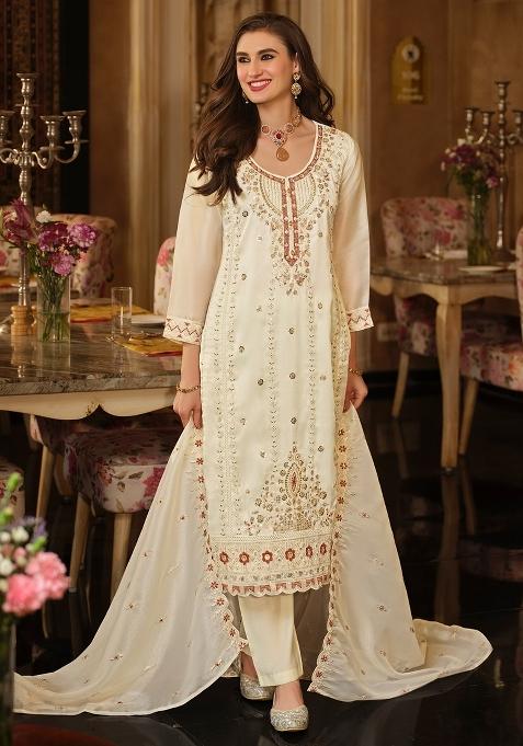 Cream Embroidered Silk Kurta Set