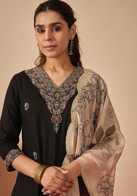 Black Embroidered Viscose Kurta Set