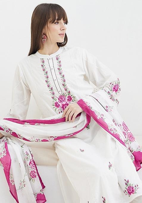 White Embroidered Cotton Kurta Set