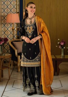 Black Embroidered Silk Kurta Set