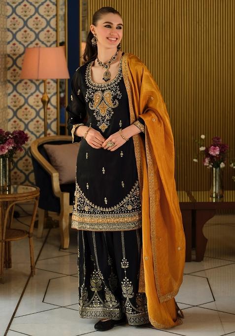 Black Embroidered Silk Kurta Set