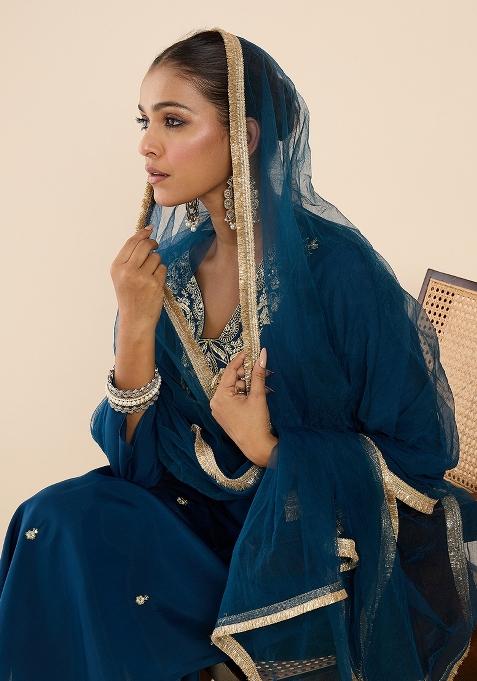 Teal Embroidered Silk Kurta Set