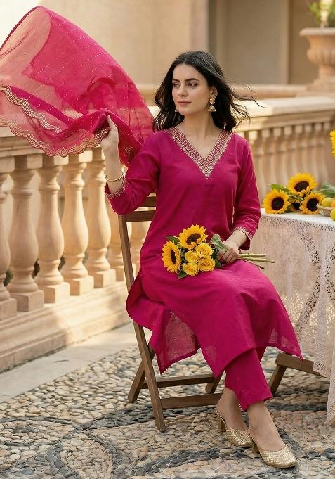 Pink Embroidered Silk Kurta Set