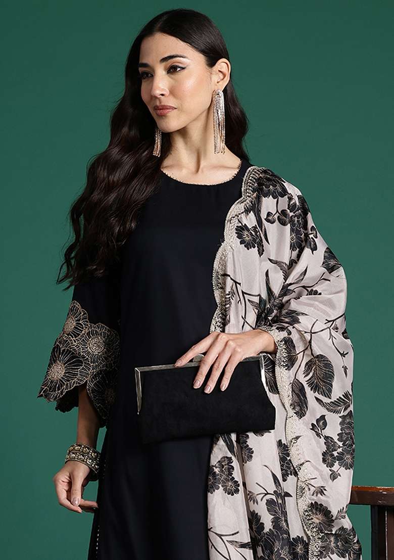 Black Solid Viscose Kurta Set - Indya