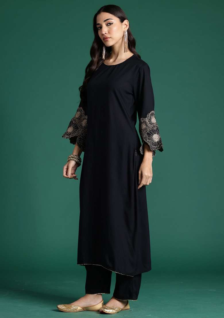 Black Solid Viscose Kurta Set - Indya