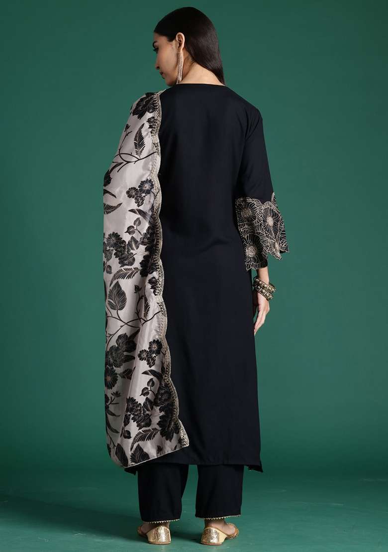 Black Solid Viscose Kurta Set - Indya