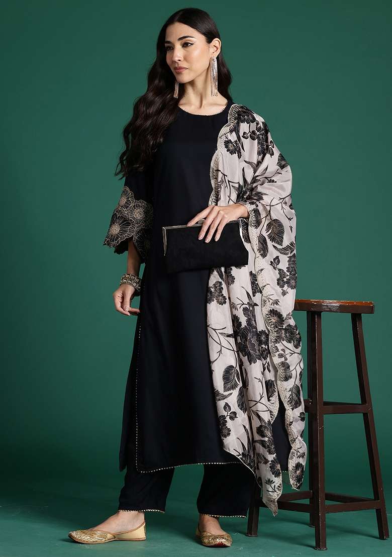 Black Solid Viscose Kurta Set - Indya