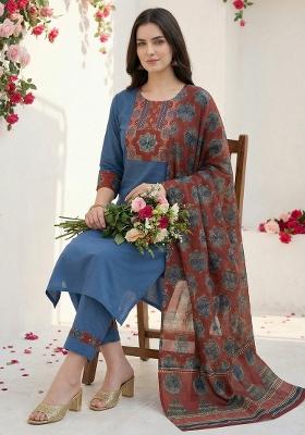 Blue Printed Cotton Kurta Set